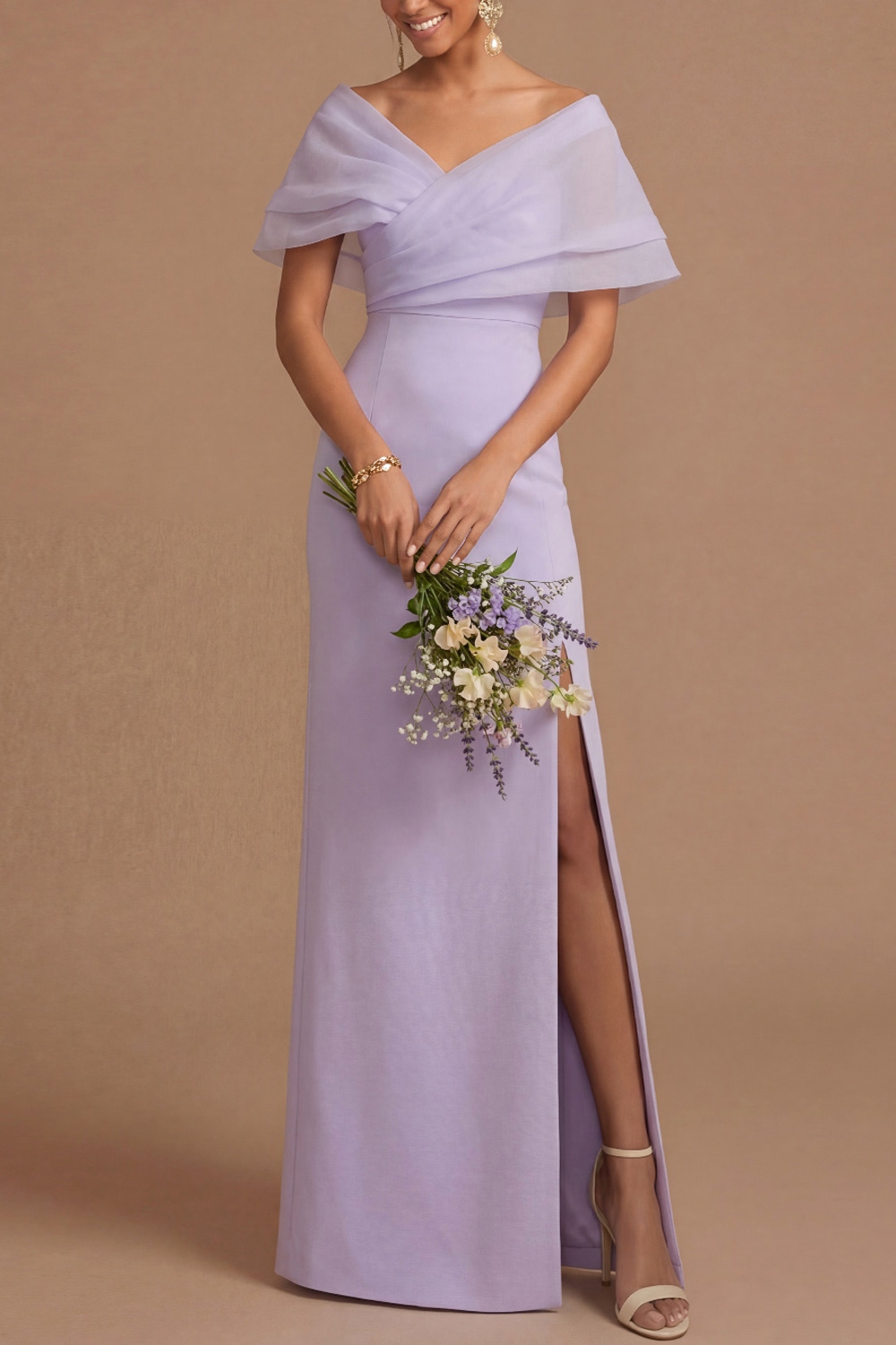 Lilac Wedding Guest Dress Sheath Off the Shoulder Maxi Dress with Slit