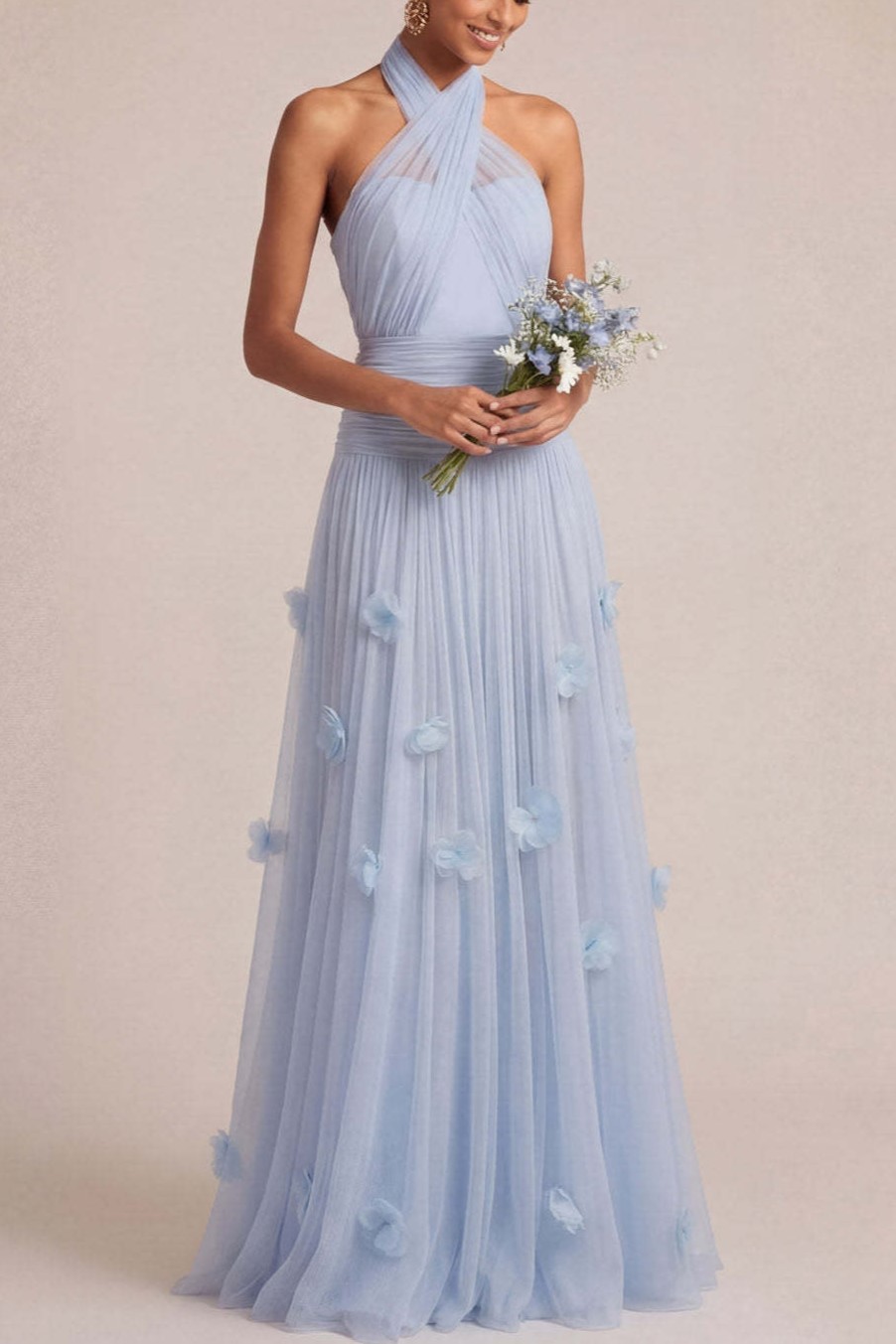 A Line Halter Neck Appliqued Light Blue Long Formal Dress