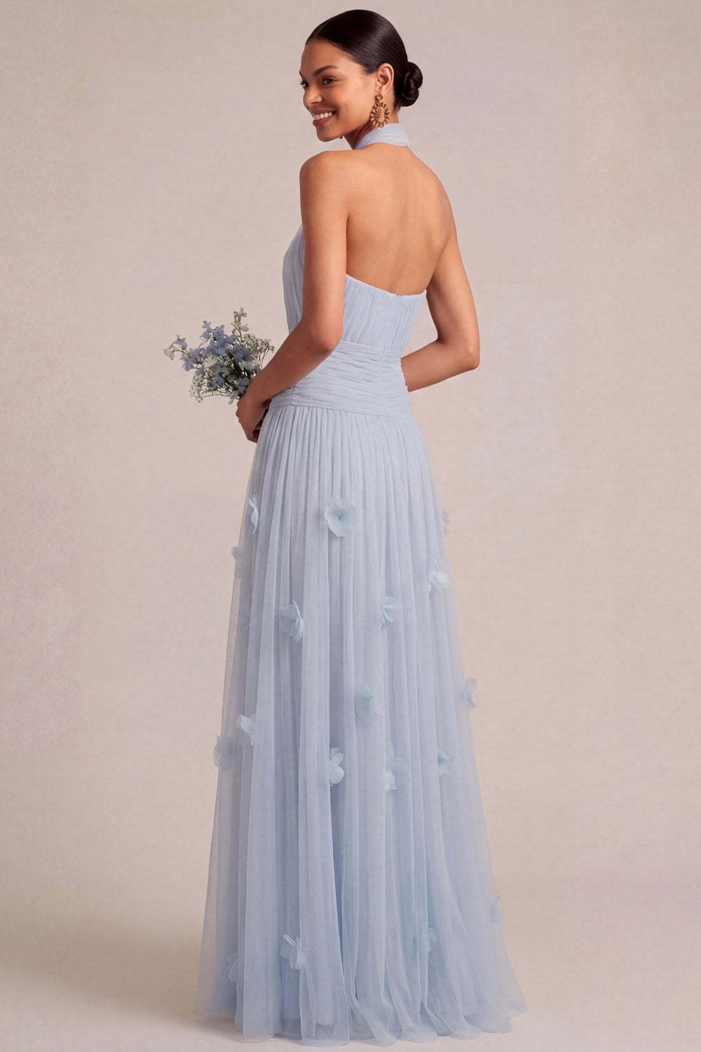 A Line Halter Neck Appliqued Light Blue Long Formal Dress