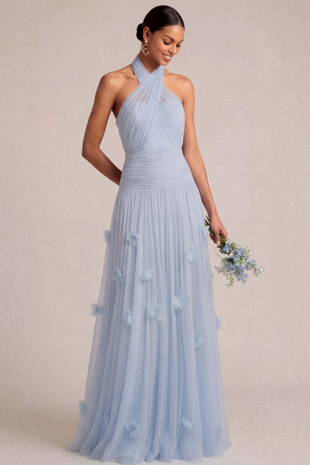A Line Halter Neck Appliqued Light Blue Long Formal Dress