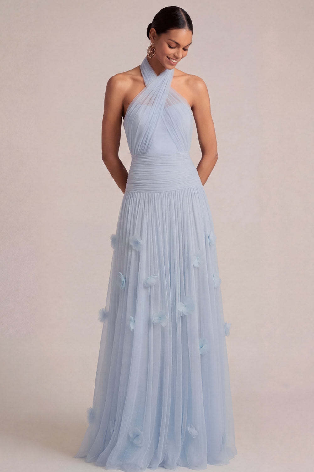 A Line Halter Neck Appliqued Light Blue Long Formal Dress