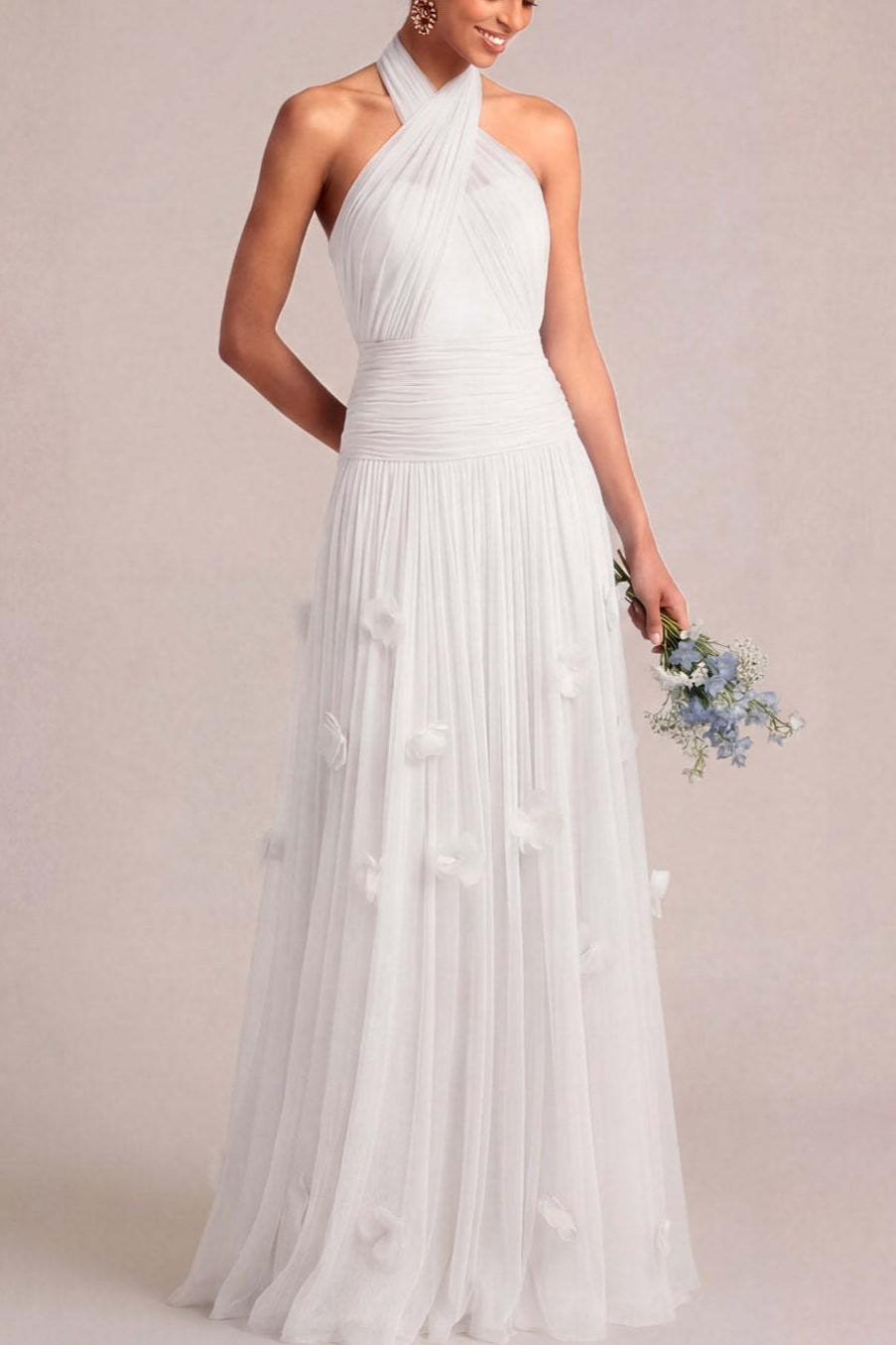 A Line Halter Neck Appliqued Light Blue Long Formal Dress