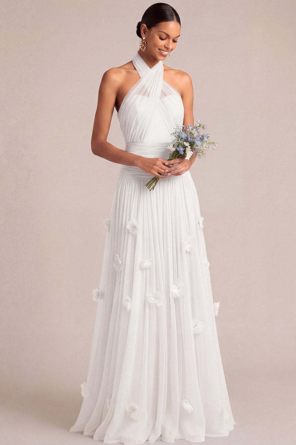 A Line Halter Neck Appliqued Light Blue Long Formal Dress