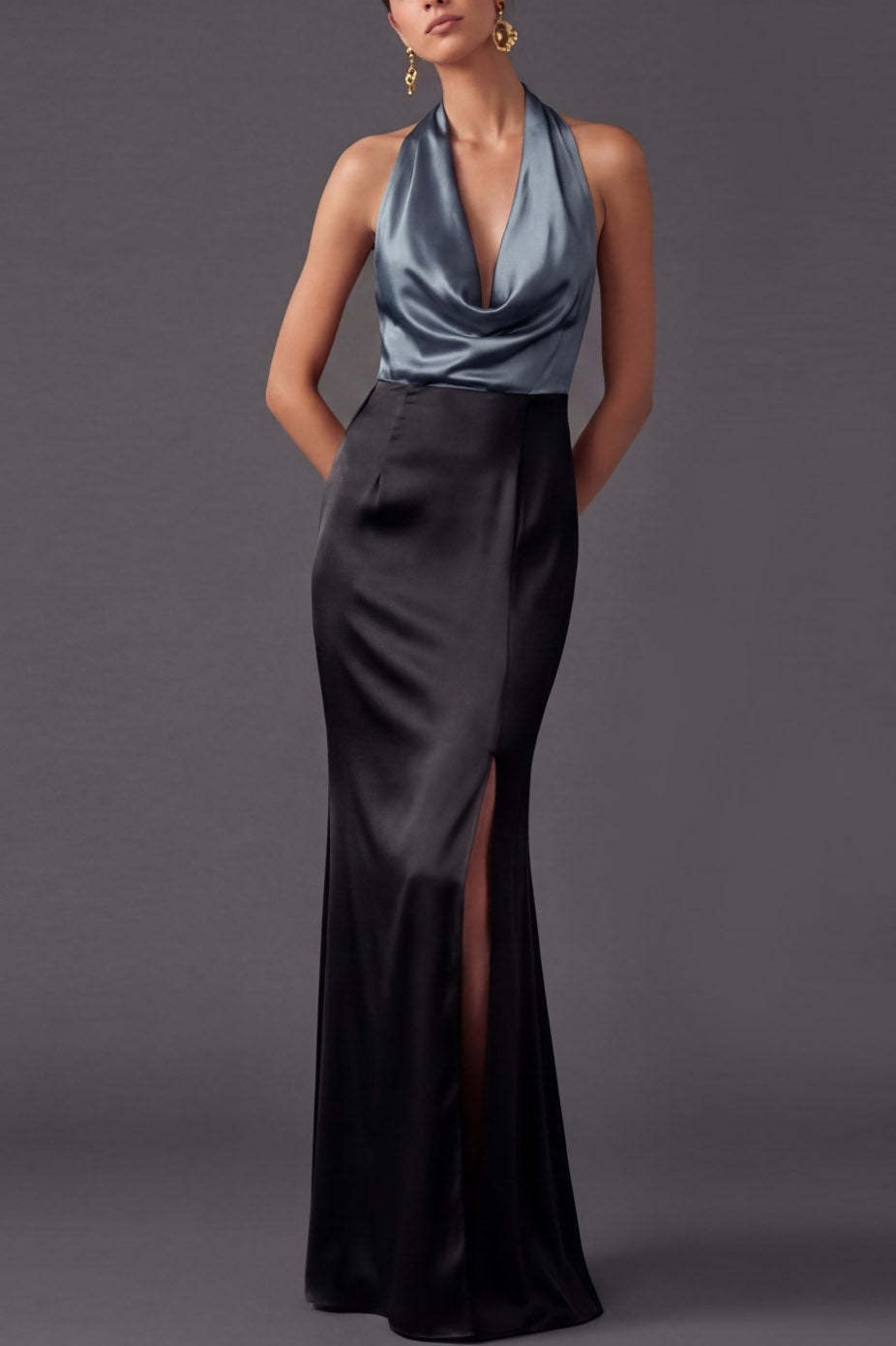 Dusty Blue Sheath Halter Neck Long Formal Dress with Slit