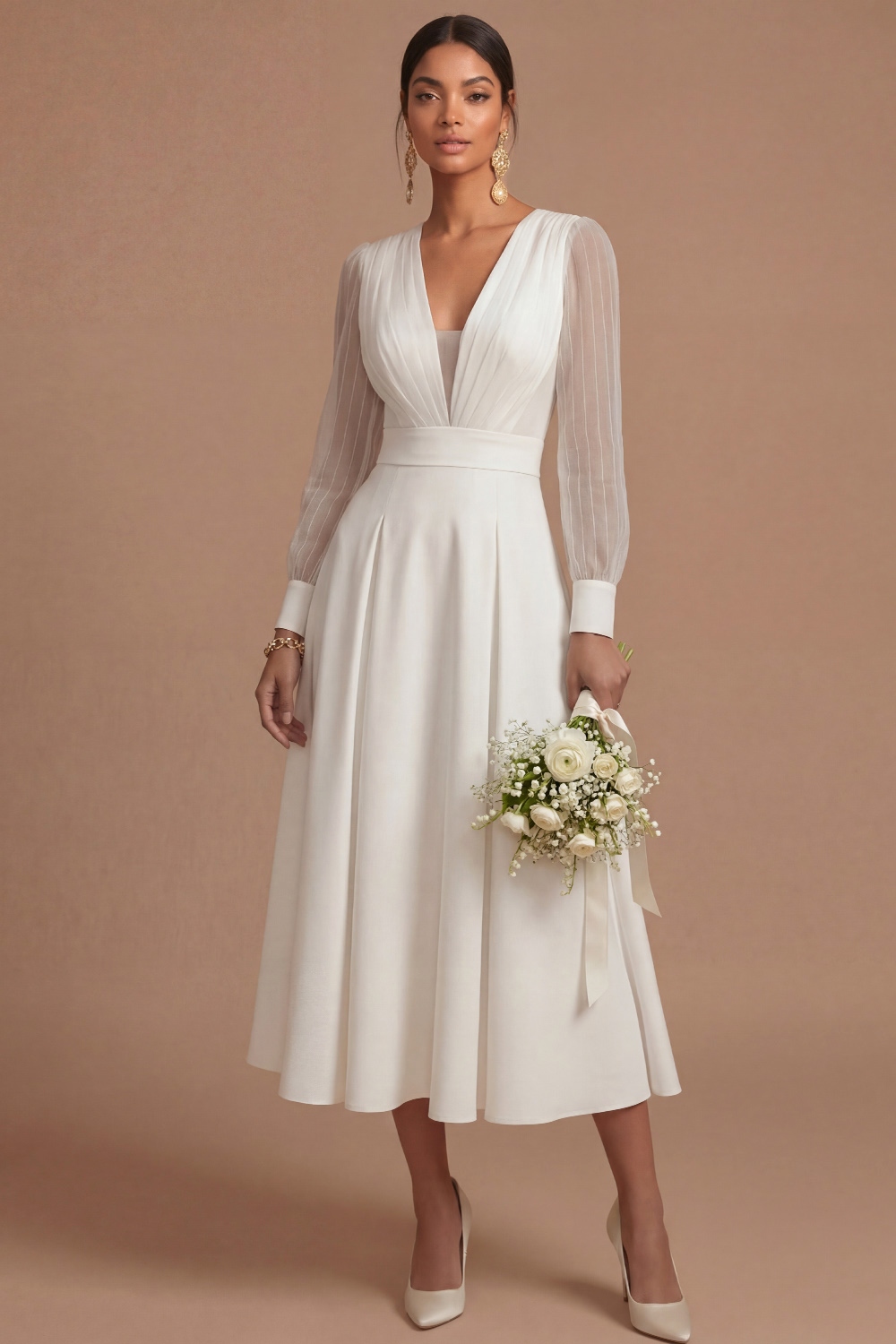 White Formal Dress A-Line V-Neck Long Sleeve Midi Dress