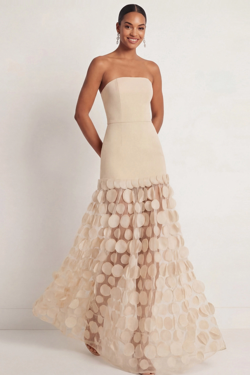 Champagne Wedding Guest Dress A-Line Strapless Maxi Dress