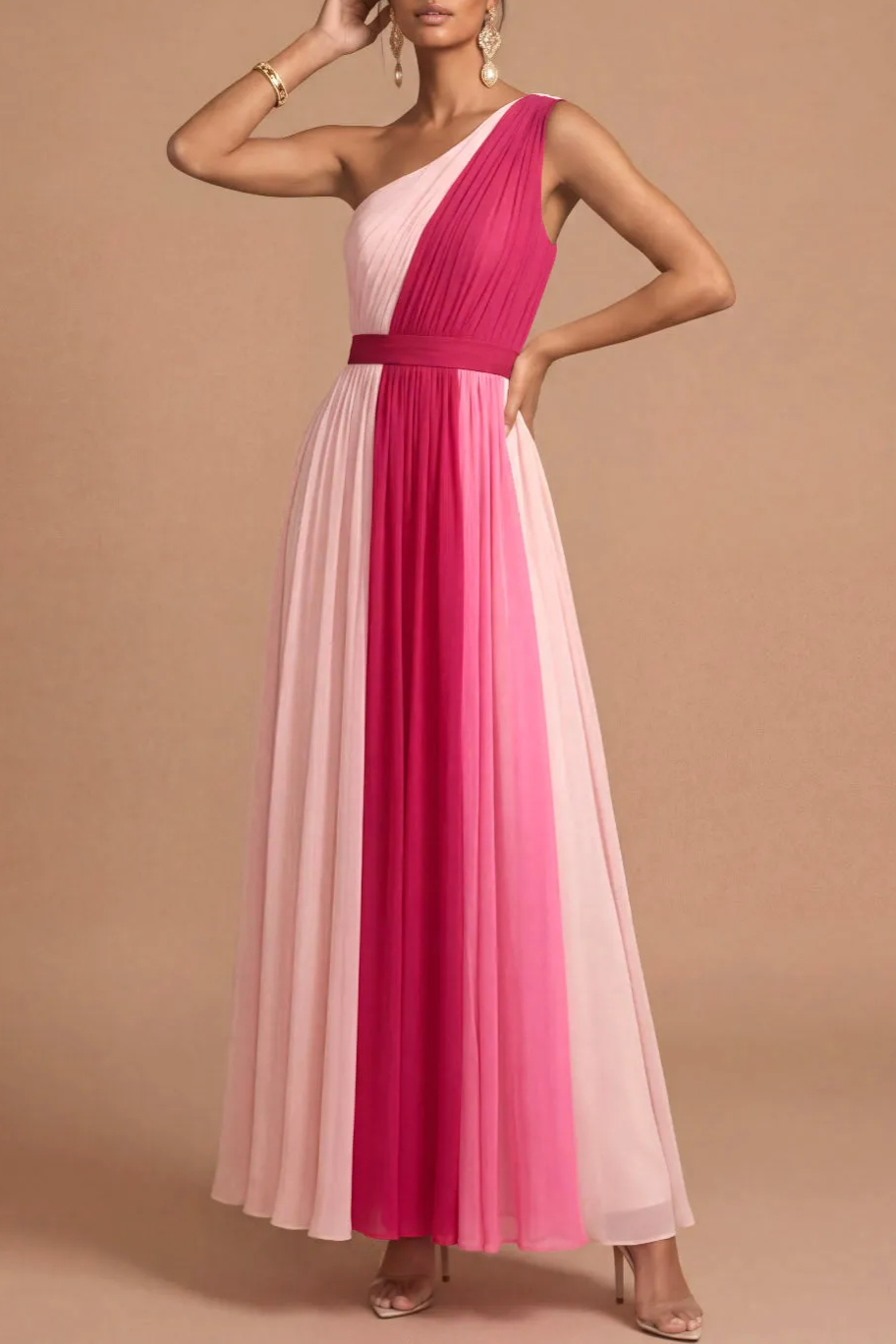 A Line Pink One Shoulder Pleated Sleeveless Midi Wedding Guest Dress