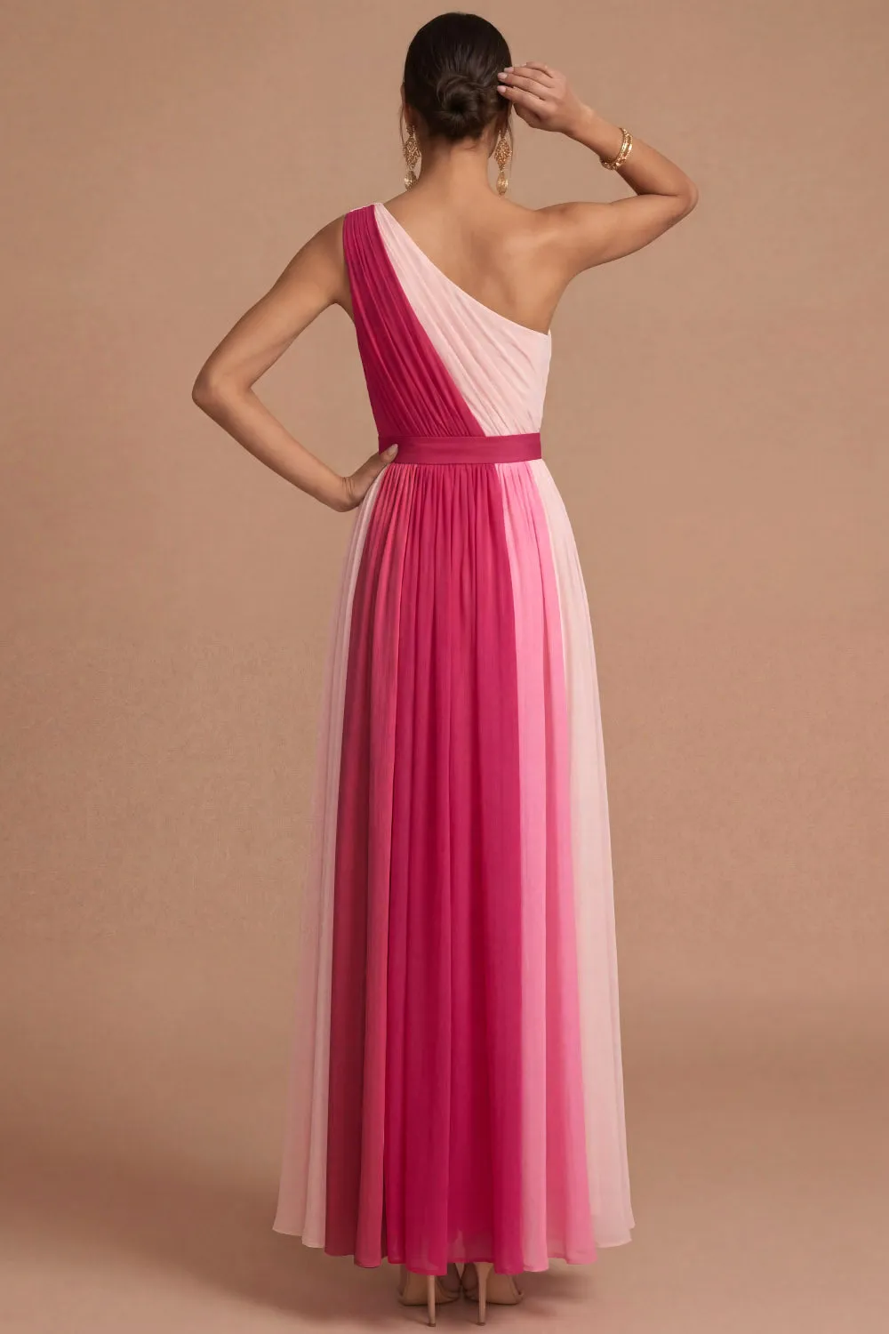 A Line Pink One Shoulder Pleated Sleeveless Midi Wedding Guest Dress