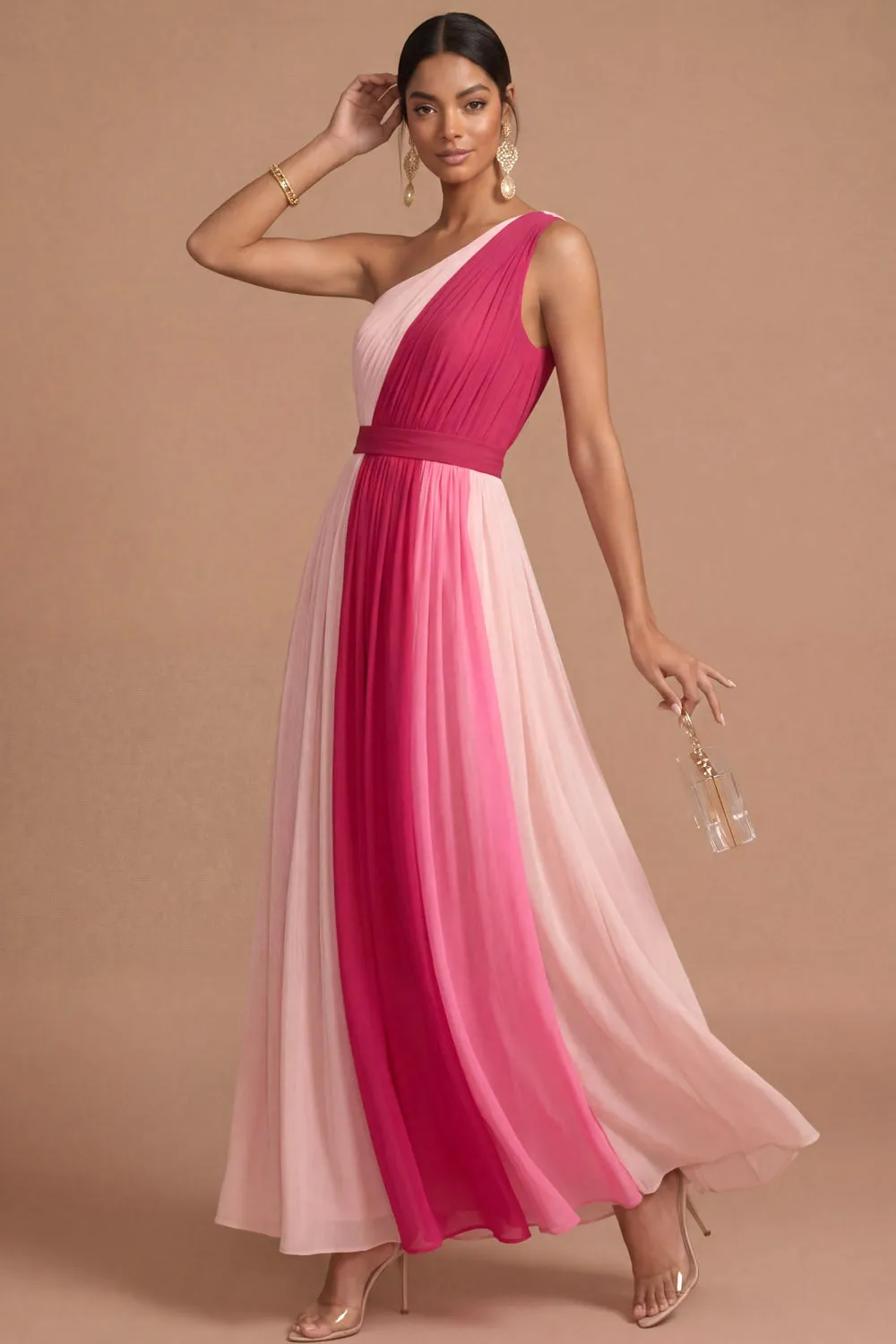 A Line Pink One Shoulder Pleated Sleeveless Midi Wedding Guest Dress
