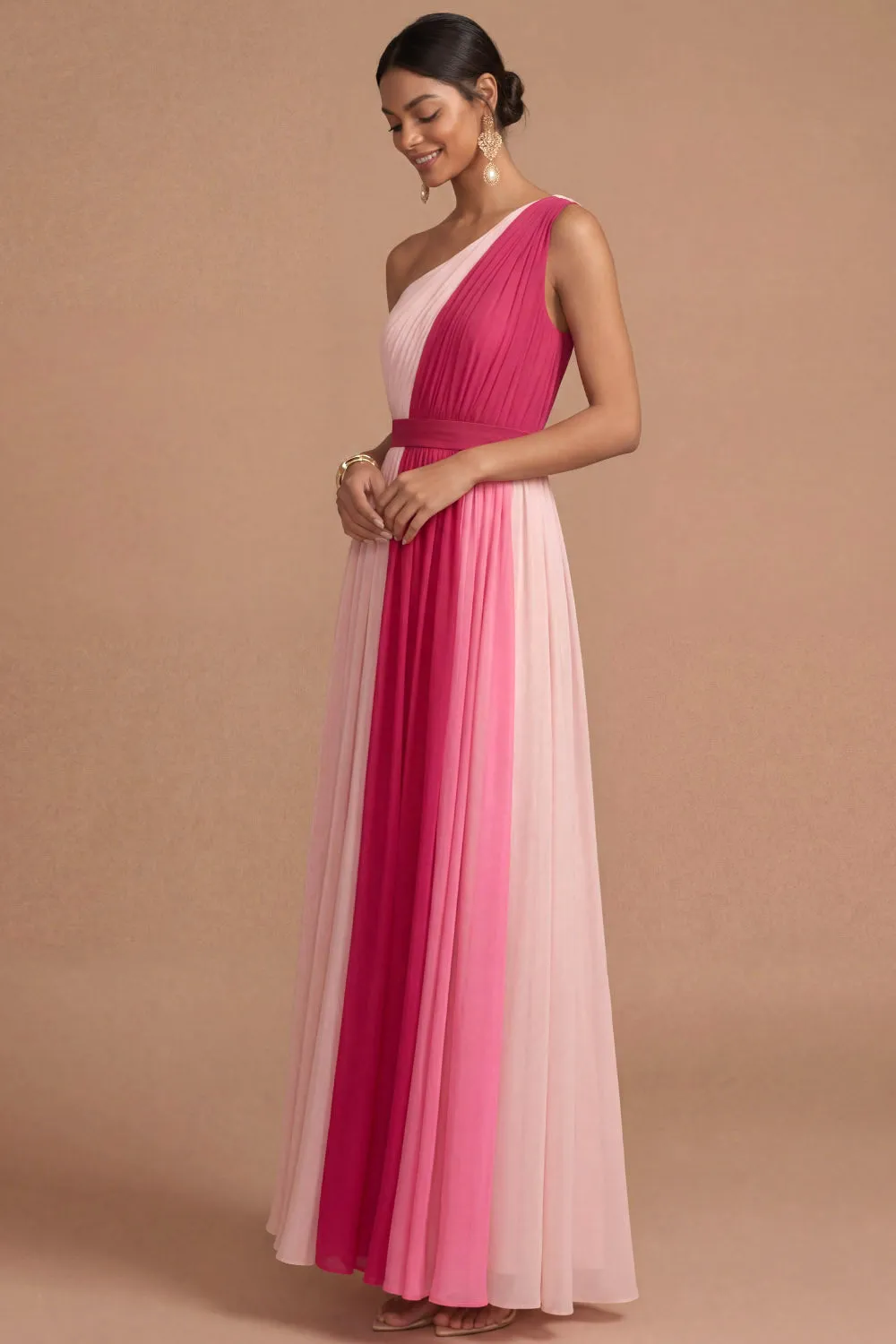 A Line Pink One Shoulder Pleated Sleeveless Midi Wedding Guest Dress
