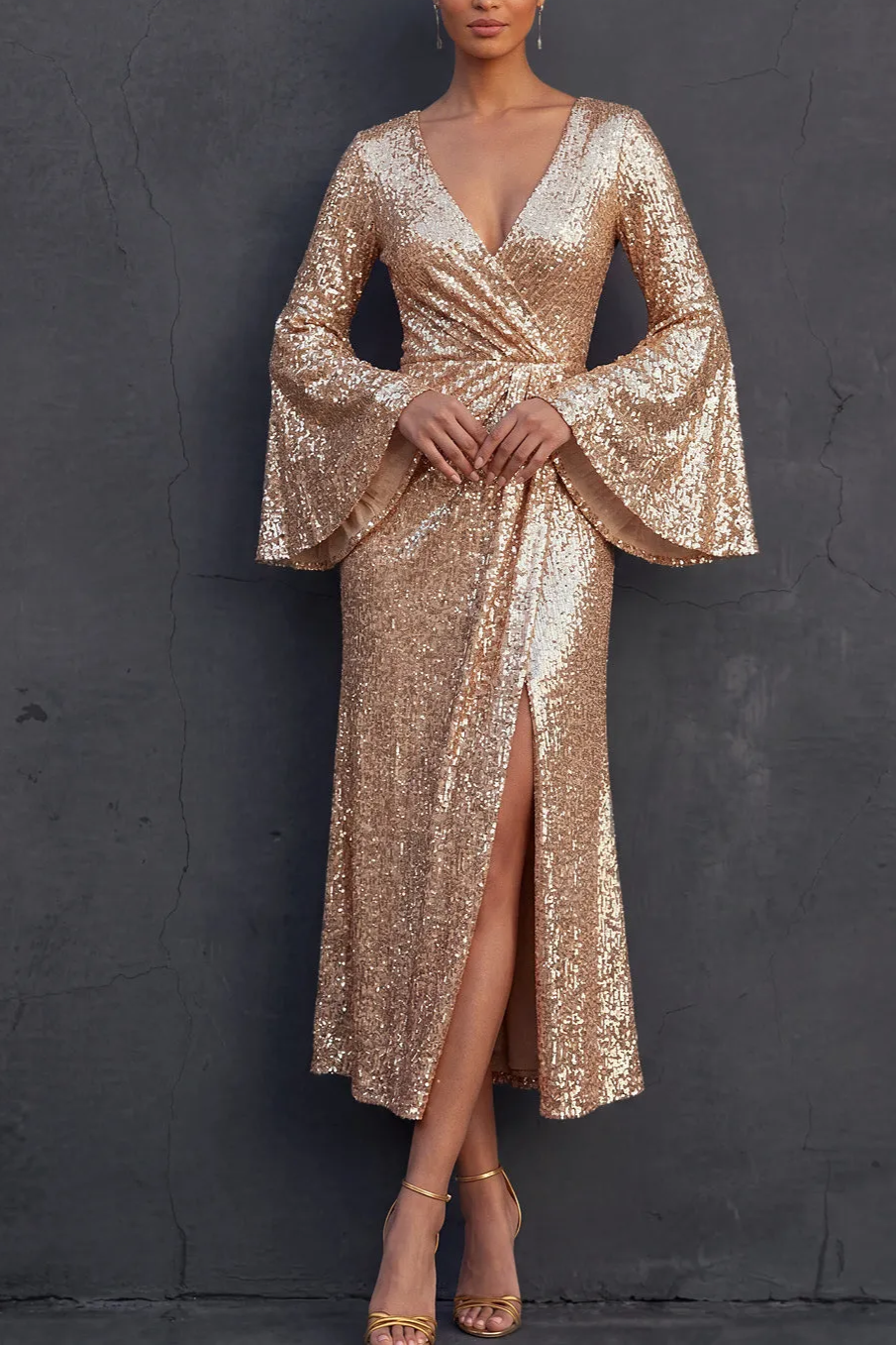 Sparkly Beaded Sheath Champagne V Neck Midi Wedding Guest Dress with Slit