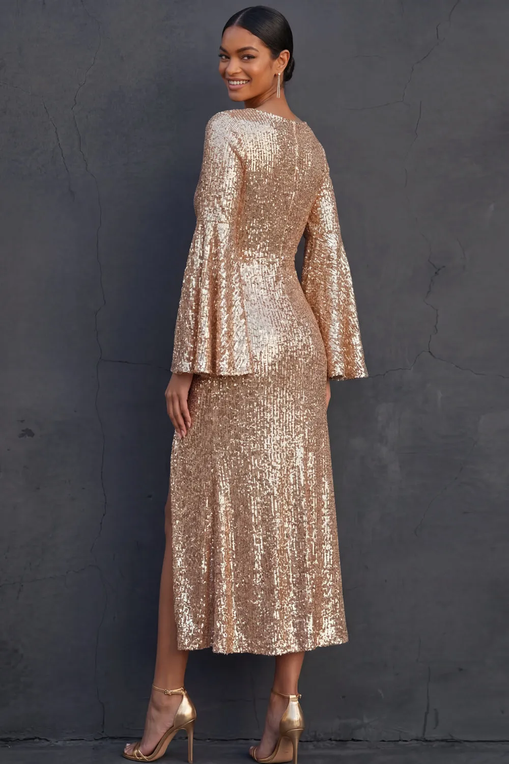Sparkly Beaded Sheath Champagne V Neck Midi Wedding Guest Dress with Slit