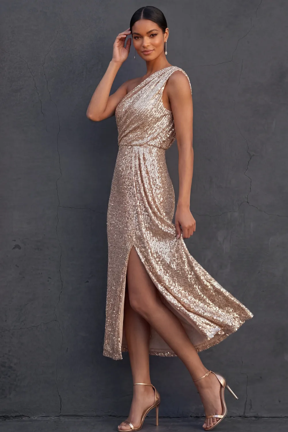 Sparkly Sequined Champagne Sheath One Shoulder Midi Wedding Guest Dress