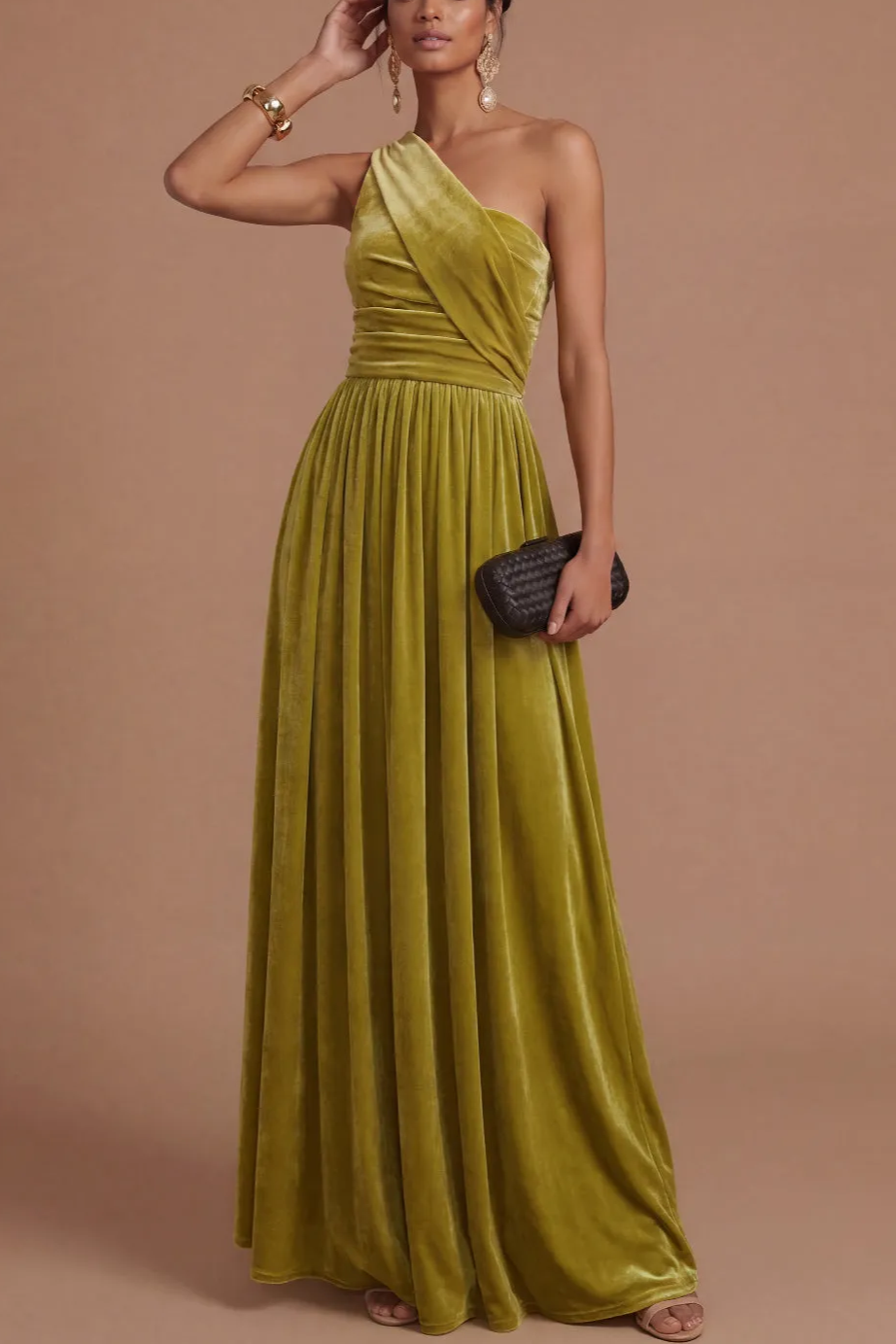 Dark Yellow Sheath One Shoulder Ruched Long Formal Dress