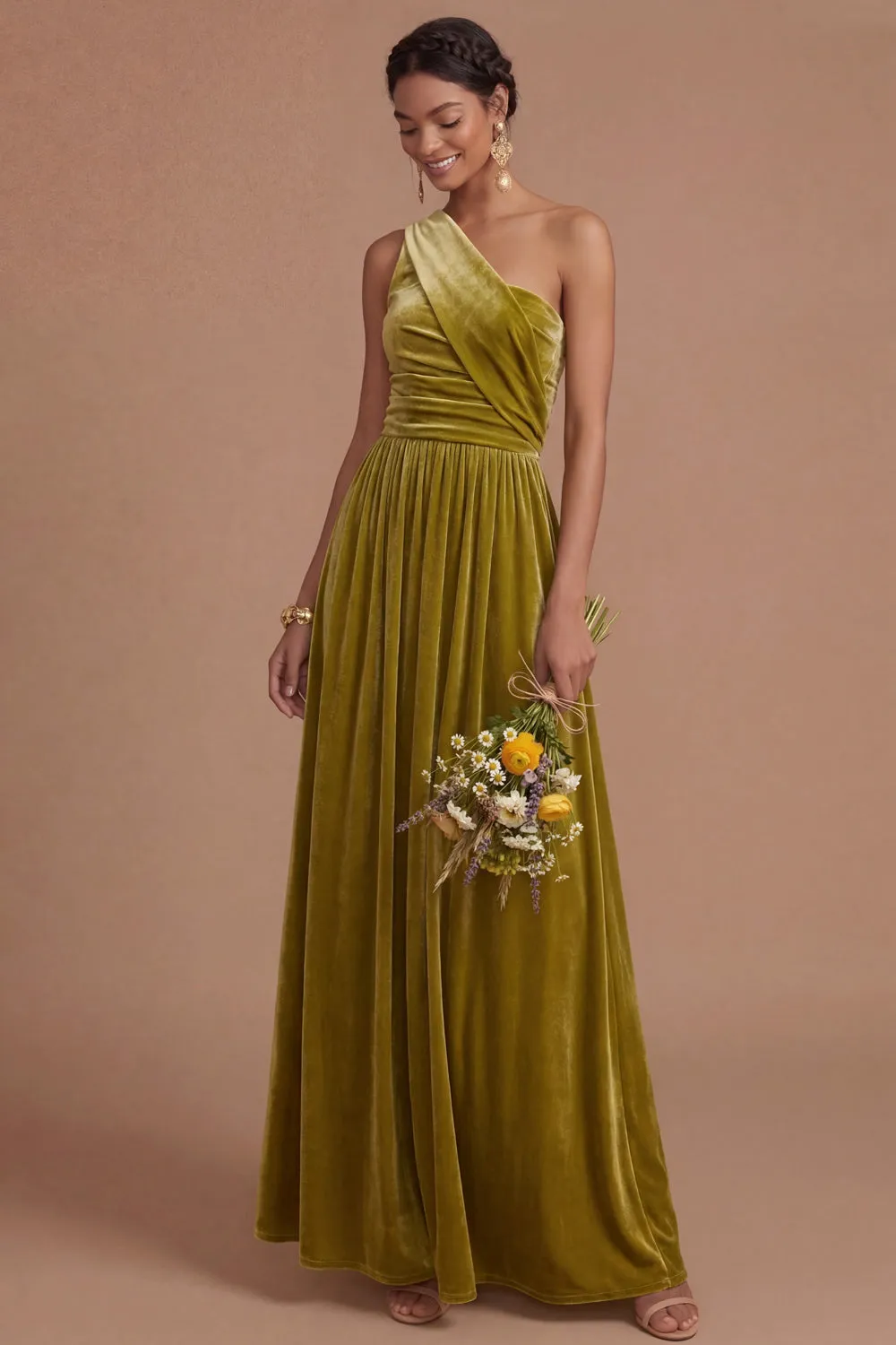 Dark Yellow Sheath One Shoulder Ruched Long Formal Dress