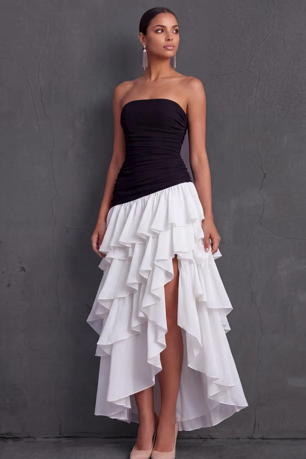 Black Strapless A Line Ruffled Tiered Midi Wedding Guest Dress with Slit
