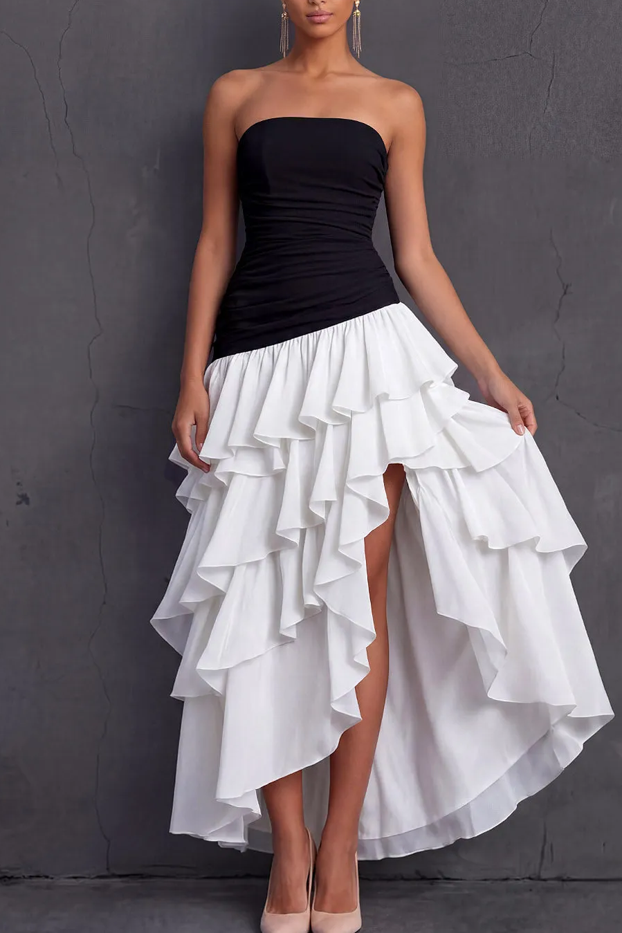 Black Strapless A Line Ruffled Tiered Midi Wedding Guest Dress with Slit