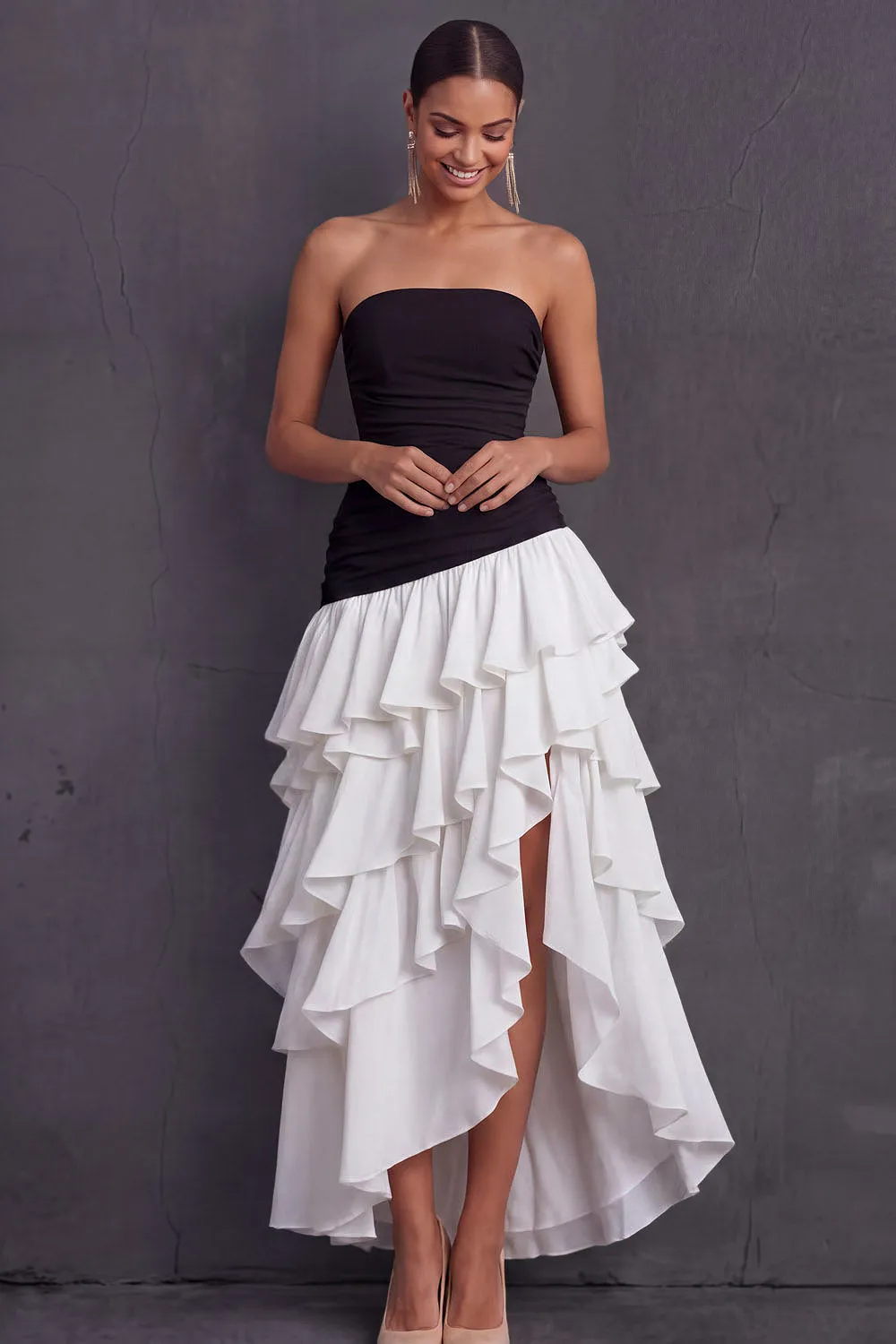 Black Strapless A Line Ruffled Tiered Midi Wedding Guest Dress with Slit