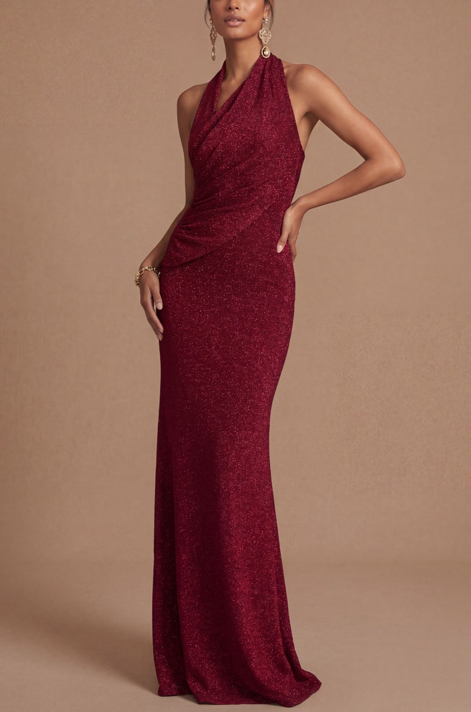 Burgundy Mermaid Halter Neck Ruched Long Wedding Guest Dress