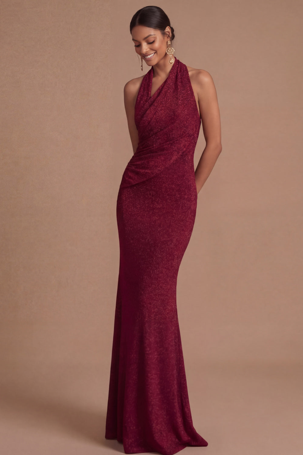Burgundy Mermaid Halter Neck Ruched Long Wedding Guest Dress
