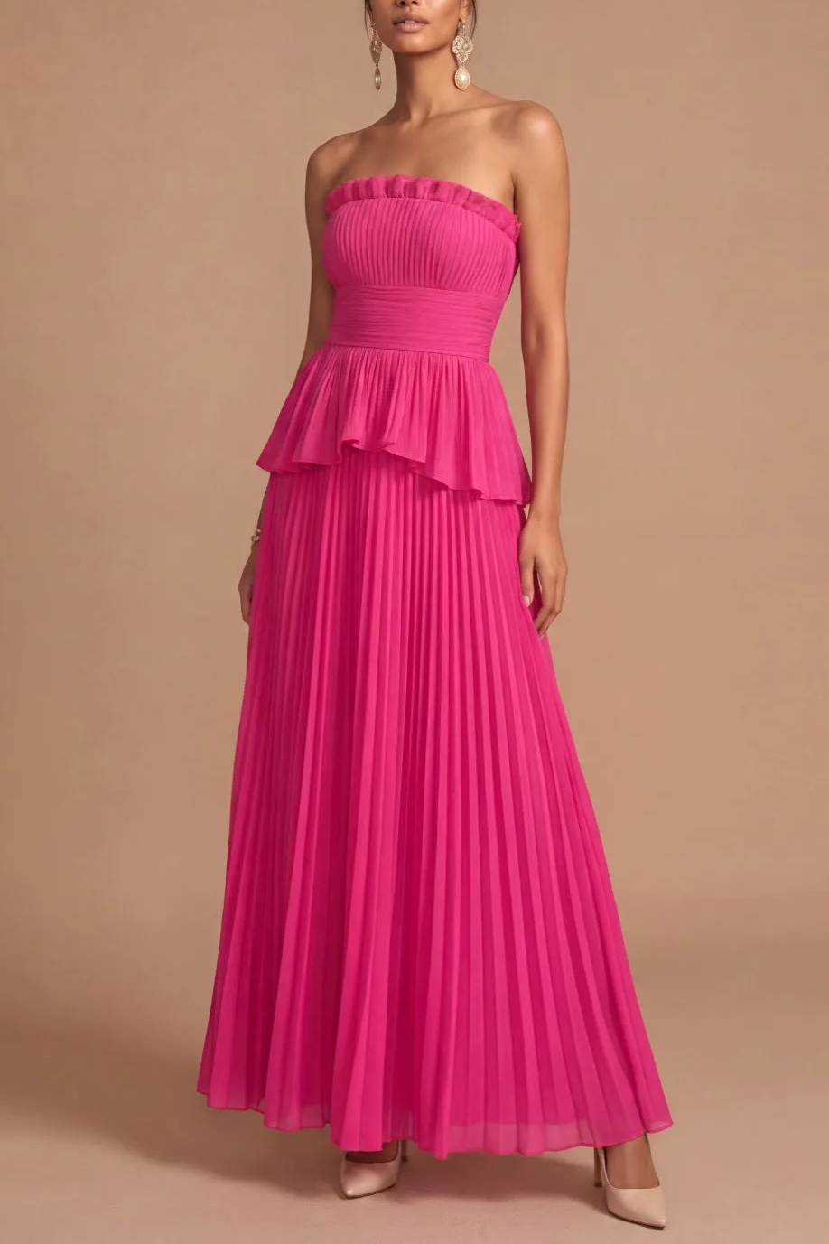 Raspberry Strapless Pleated A Line Long Formal Dress with Ruffles