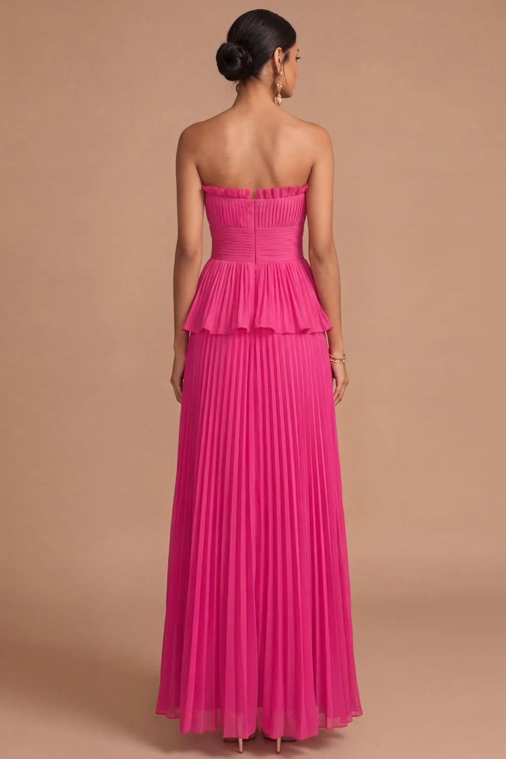 Raspberry Strapless Pleated A Line Long Formal Dress with Ruffles