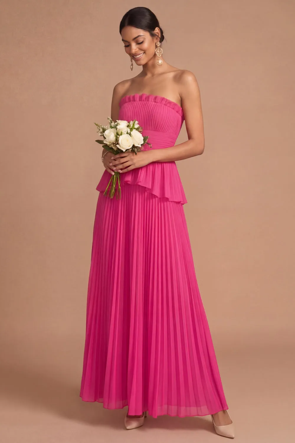 Raspberry Strapless Pleated A Line Long Formal Dress with Ruffles