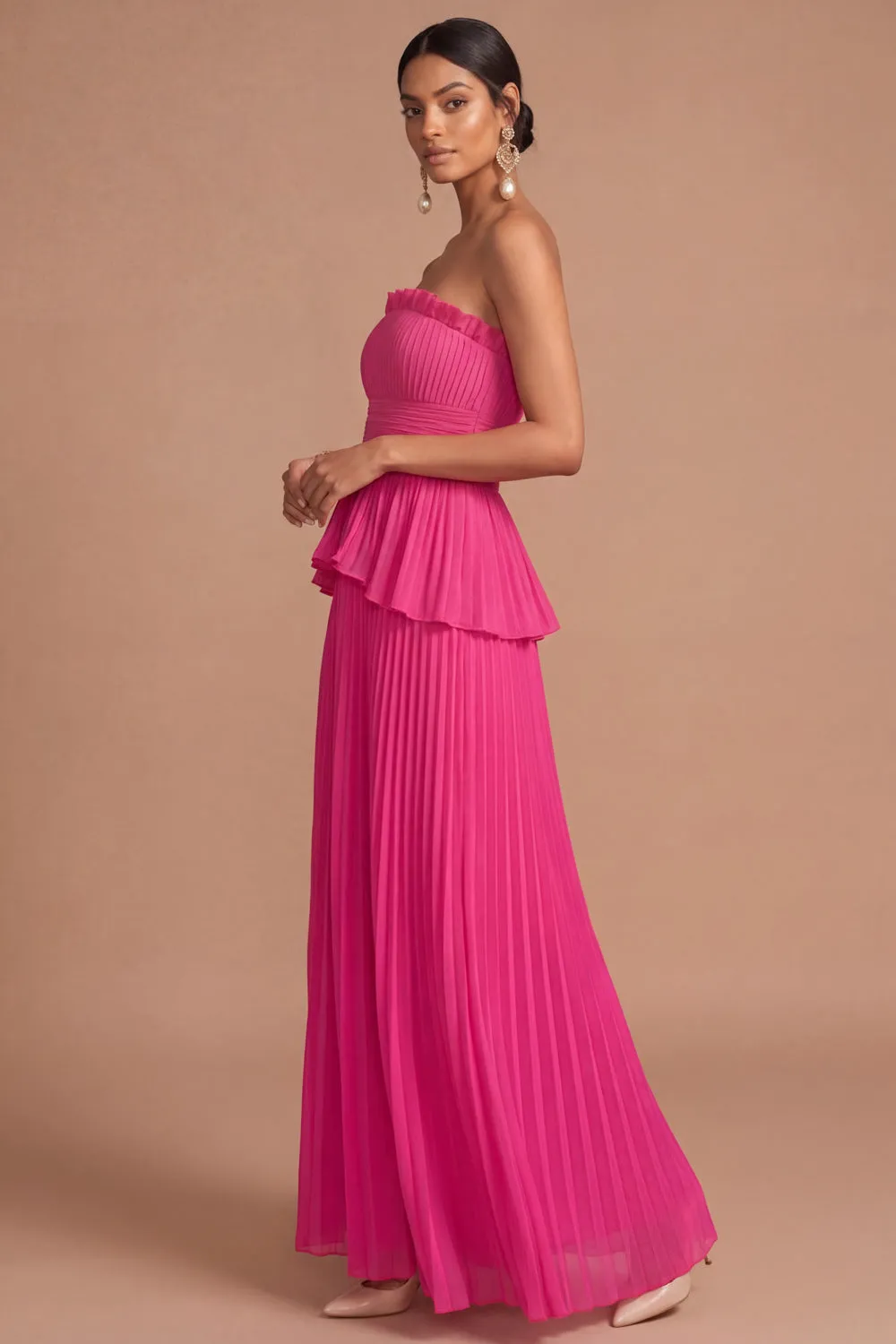 Raspberry Strapless Pleated A Line Long Formal Dress with Ruffles