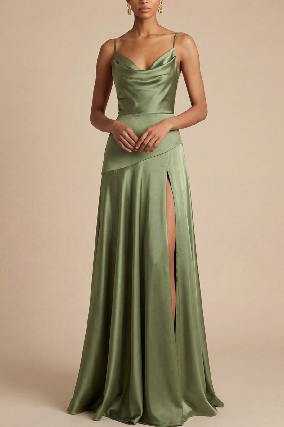 Olive Formal Dress A-Line Spaghetti Straps Satin Maxi Dress with Slit