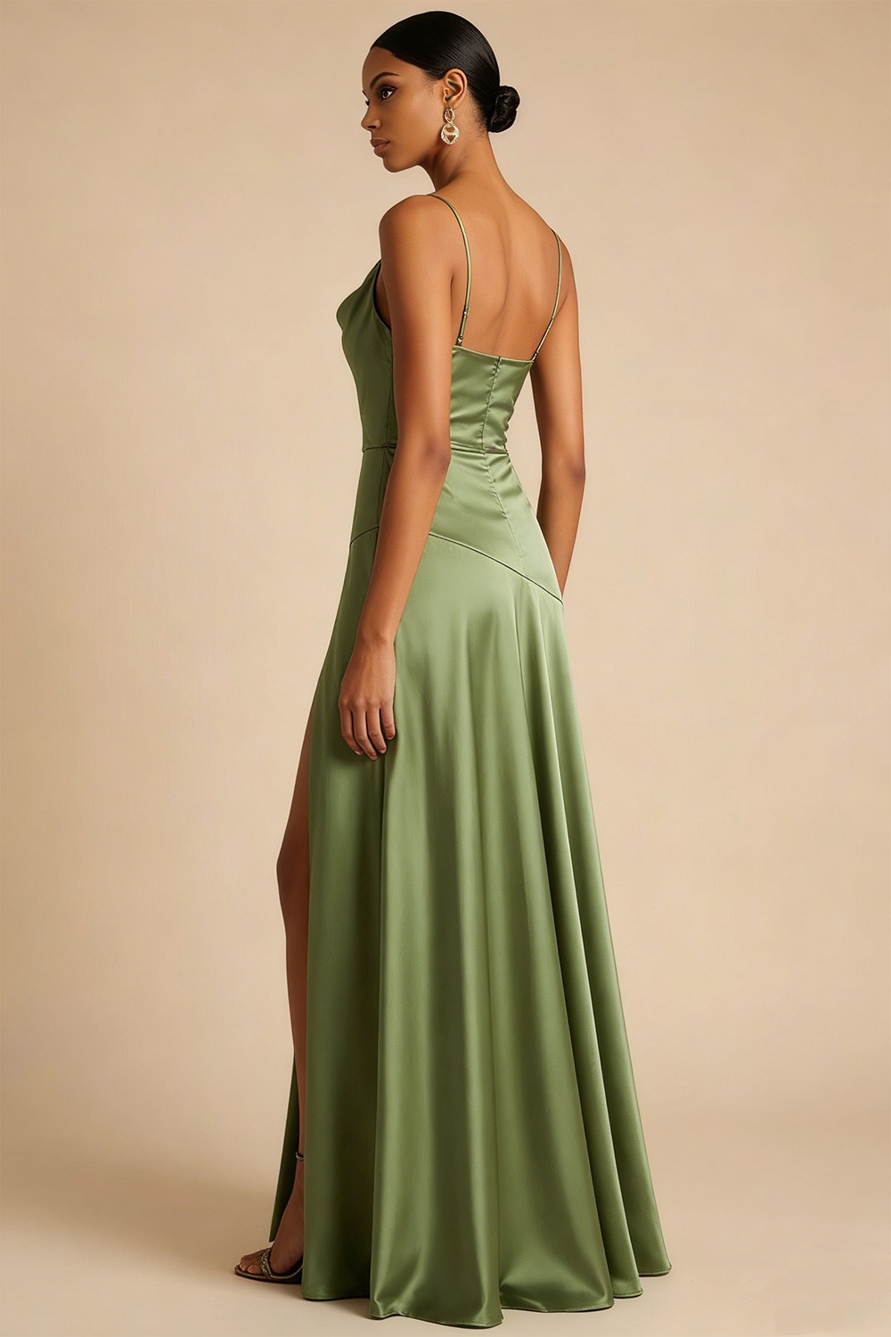 Olive Formal Dress A-Line Spaghetti Straps Satin Maxi Dress with Slit