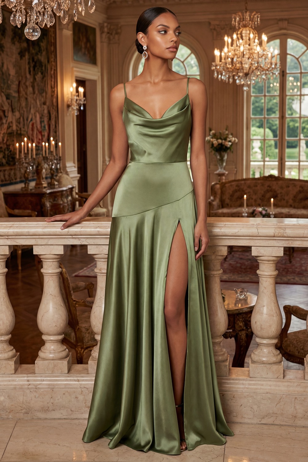 Olive Formal Dress A-Line Spaghetti Straps Satin Maxi Dress with Slit