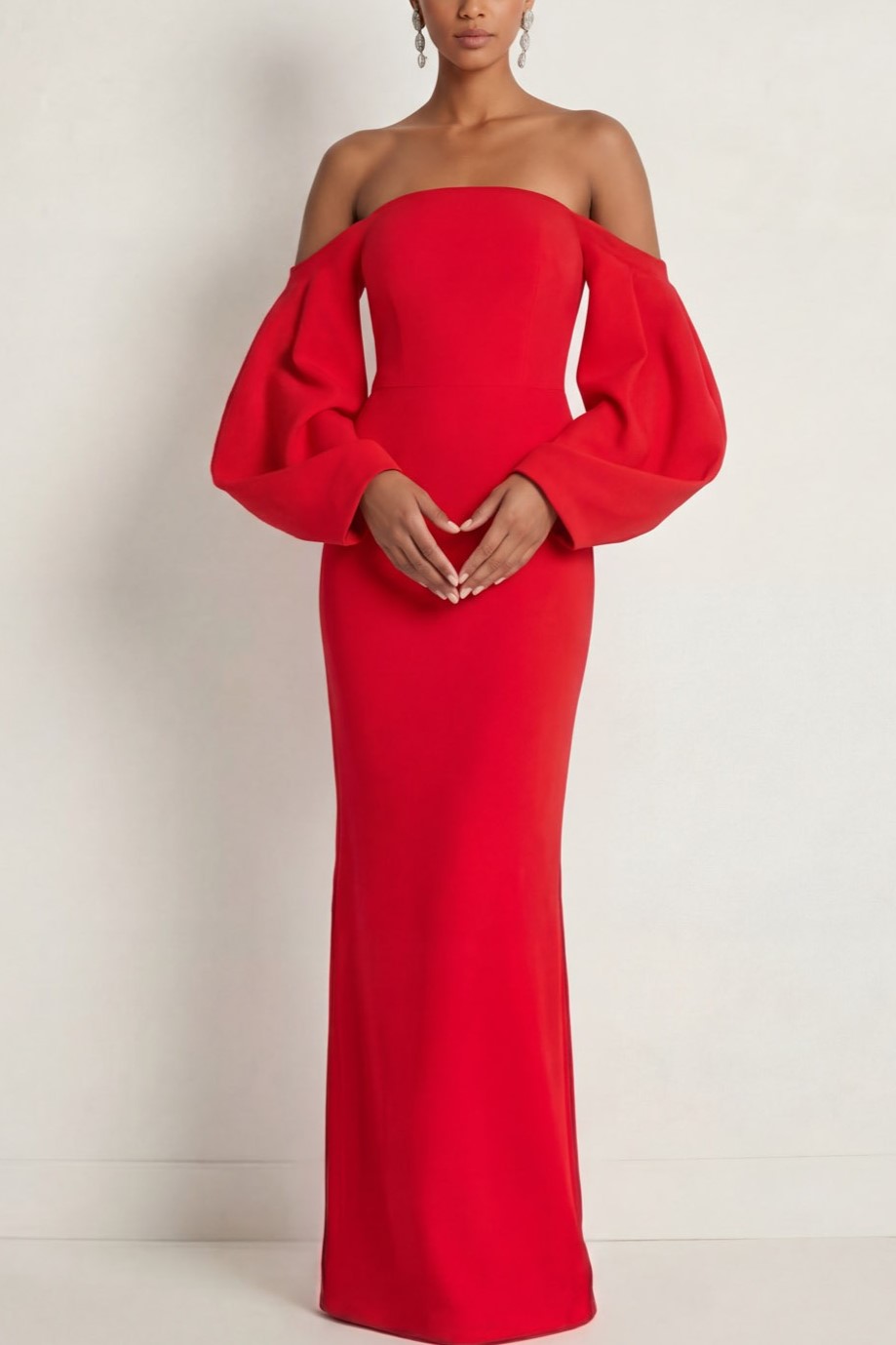 Red Formal Evening Dress Off the Shoulder Puff Sleeves Maxi Dress
