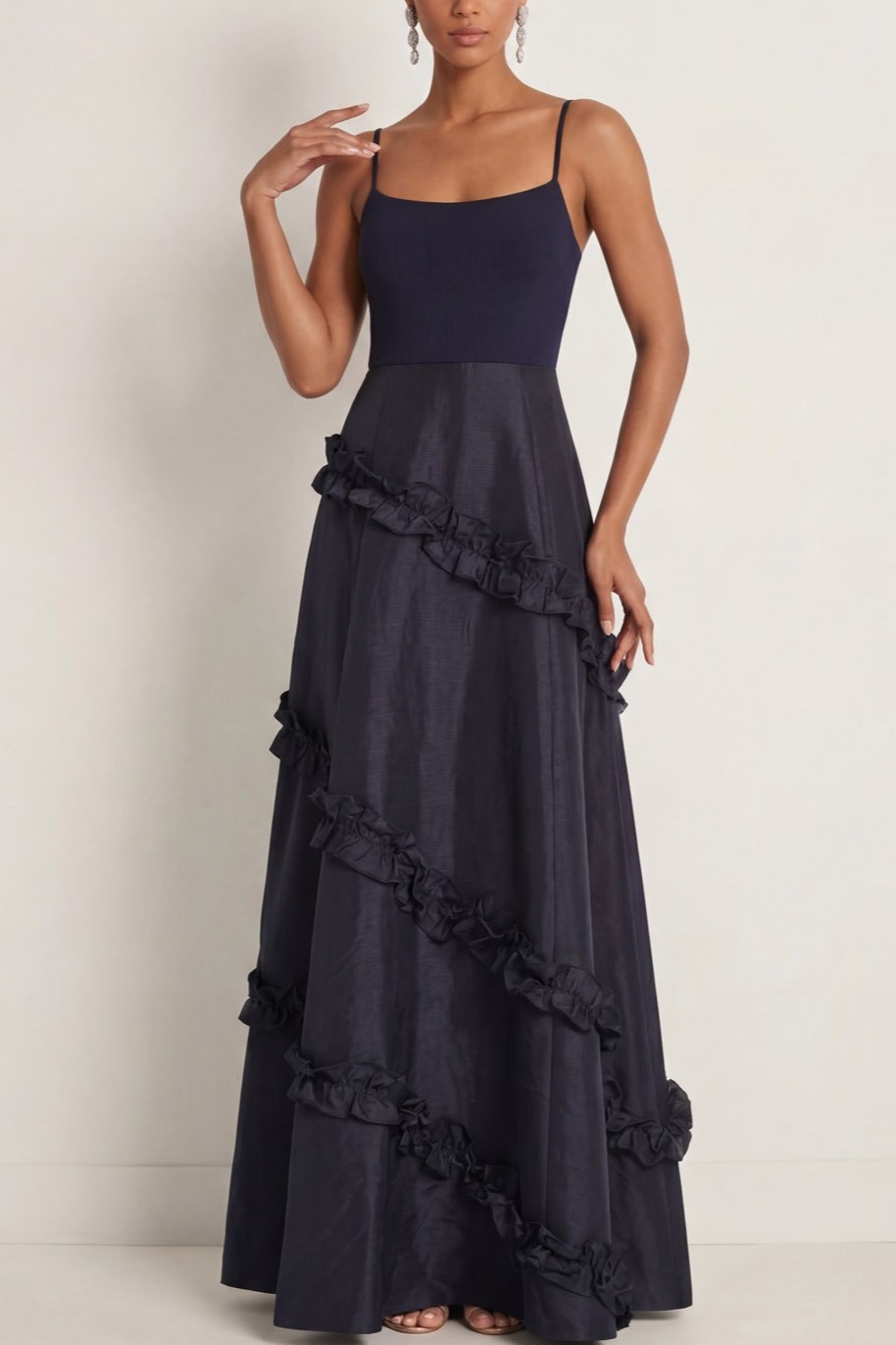 Navy Formal Evening Dress A-Line Spaghetti Straps Appliques Maxi Dress