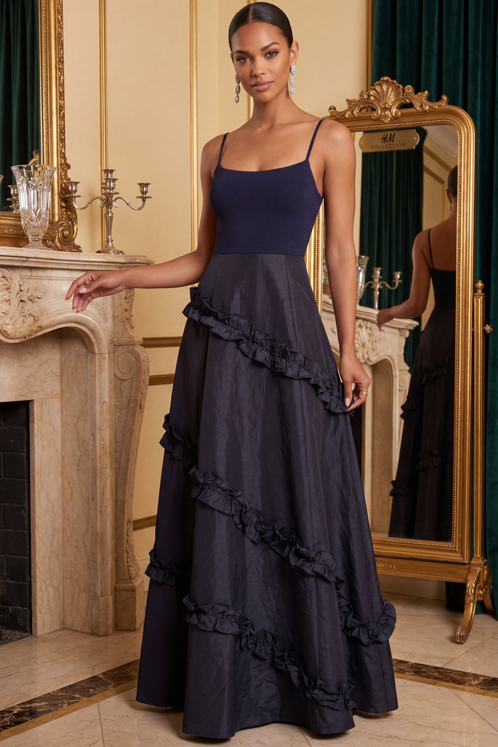 Navy Formal Evening Dress A-Line Spaghetti Straps Appliques Maxi Dress