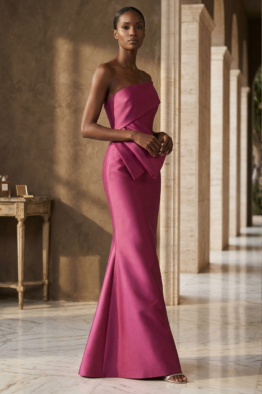 Raspberry Formal Evening Dress Mermaid Asymmetrical Neck Satin Maxi Dress