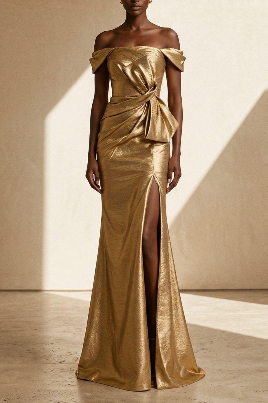 Gold Formal Dress Off the Shoulder Metallic Satin Maxi Dress with Bow