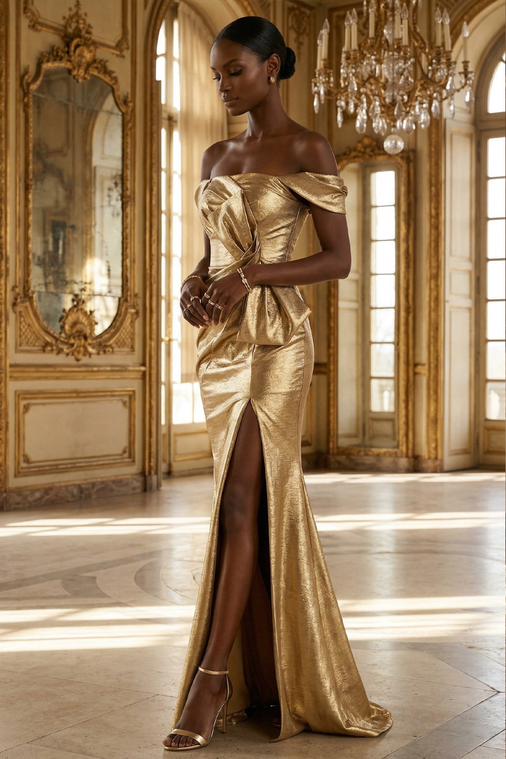 Gold Formal Dress Off the Shoulder Metallic Satin Maxi Dress with Bow