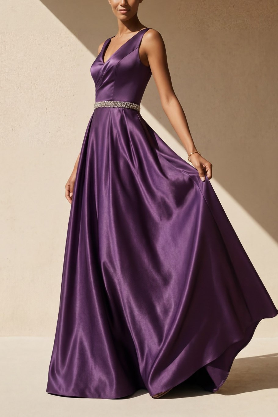 Purple Formal Evening Dress A-Line V-Neck Satin Maxi Dress