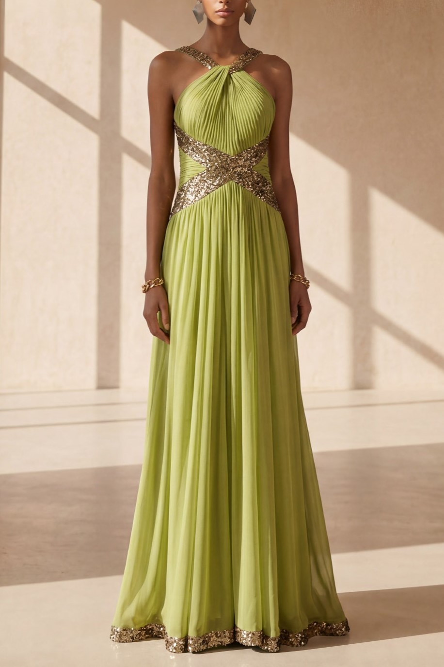 Mustard Green Formal Evening Dress Halter Pleated Chiffon Maxi Dress with Sequin