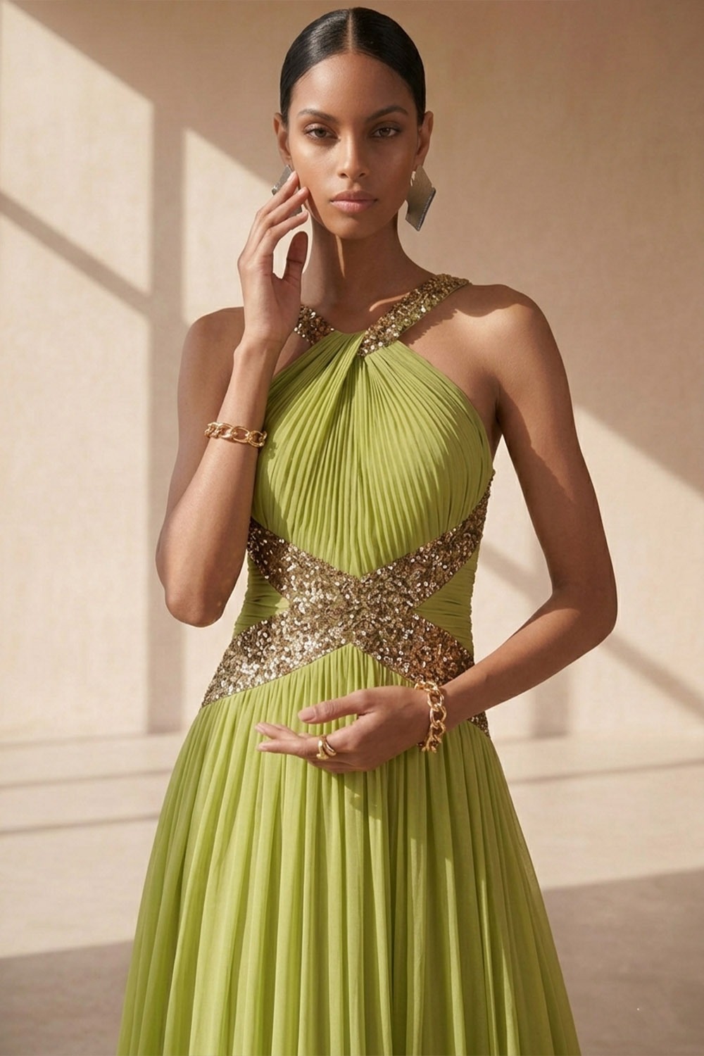 Mustard Green Formal Evening Dress Halter Pleated Chiffon Maxi Dress with Sequin