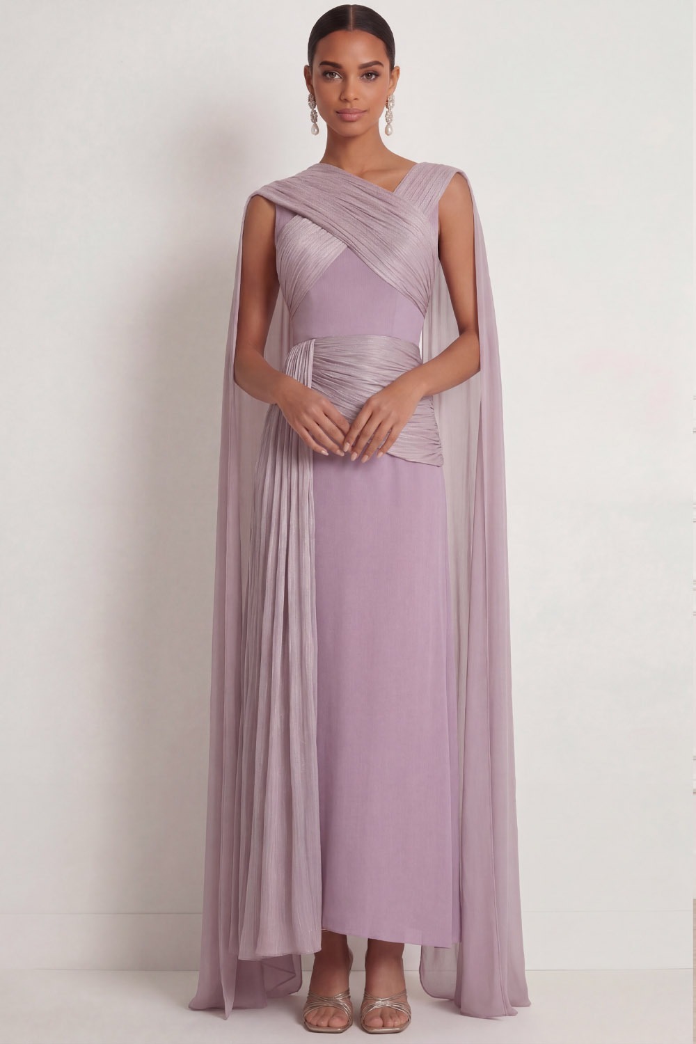 Lilac Formal Evening Dress Sleeveless Chiffon Maxi Dress with Cape