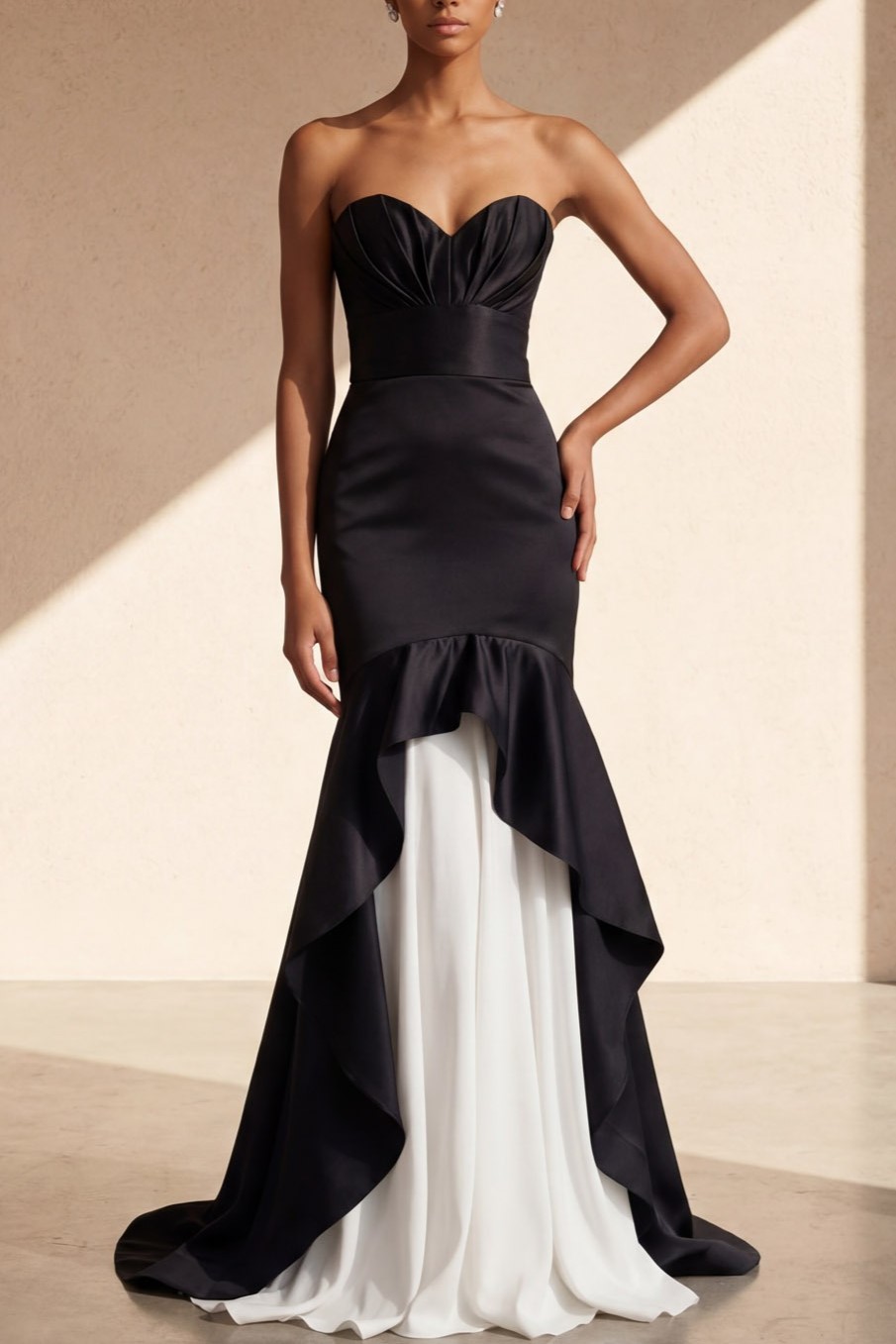 Black Formal Evening Dress Mermaid Sweetheart Satin Maxi Dress with Ruffle