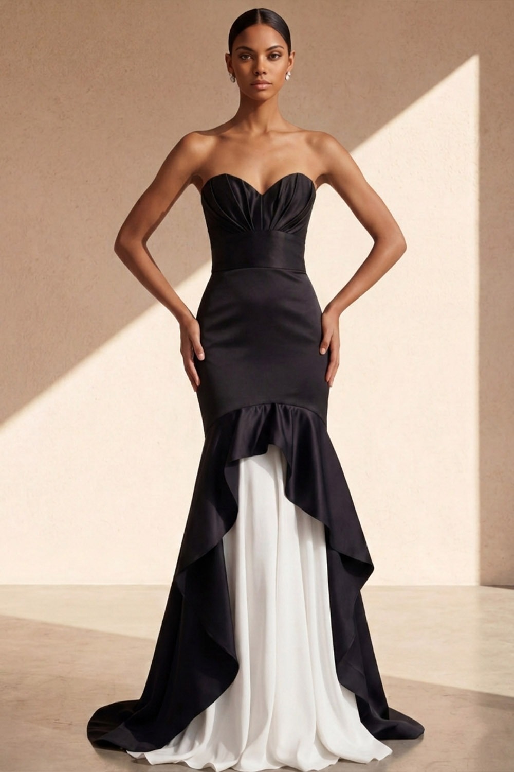 Black Formal Evening Dress Mermaid Sweetheart Satin Maxi Dress with Ruffle