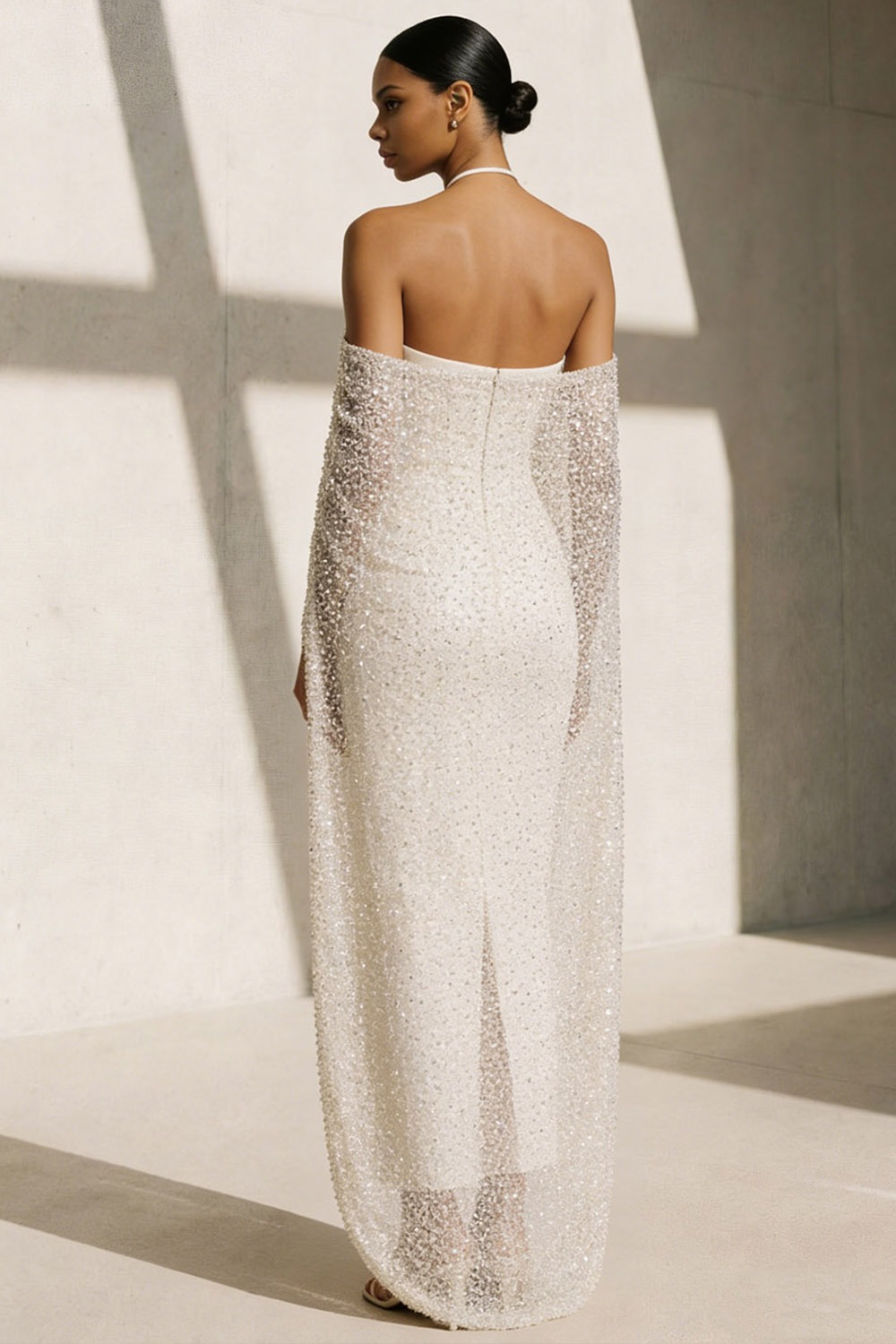 Ivory Formal Evening Dress Halter Satin Maxi Dress with Cape