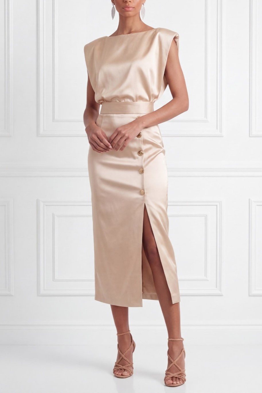 Champagne Formal Dress Crew Neck Satin Midi Dress with Slit