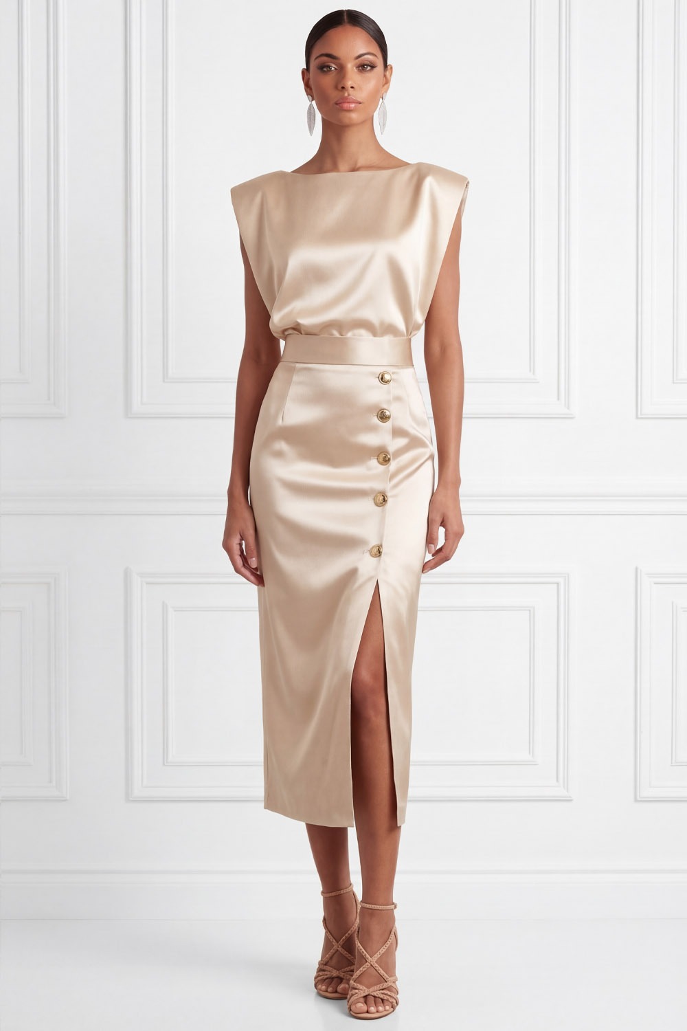 Champagne Formal Dress Crew Neck Satin Midi Dress with Slit