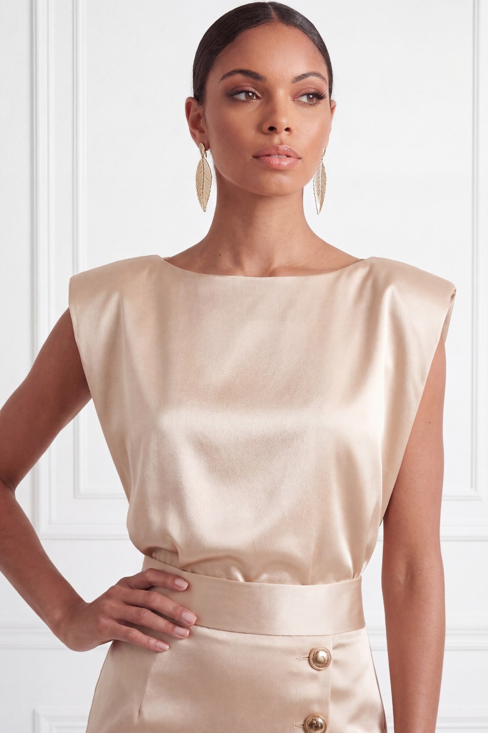 Champagne Formal Dress Crew Neck Satin Midi Dress with Slit