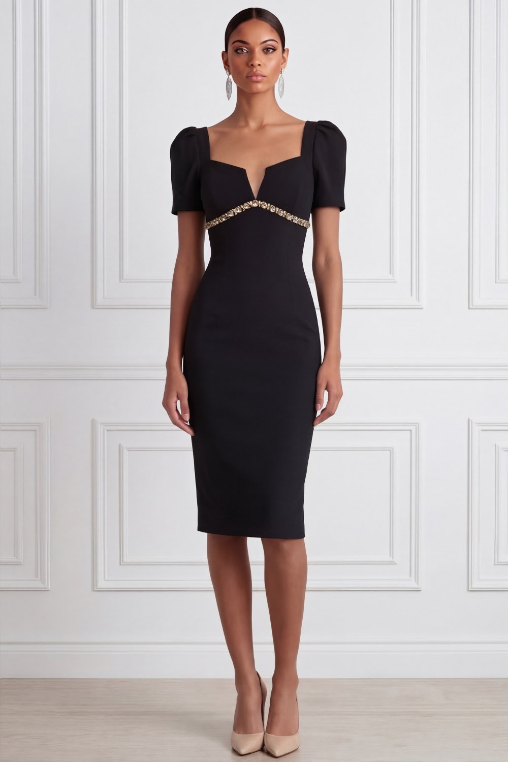 Black Formal Cocktail Dress​​ Bodycon Short Sleeve Midi Dress