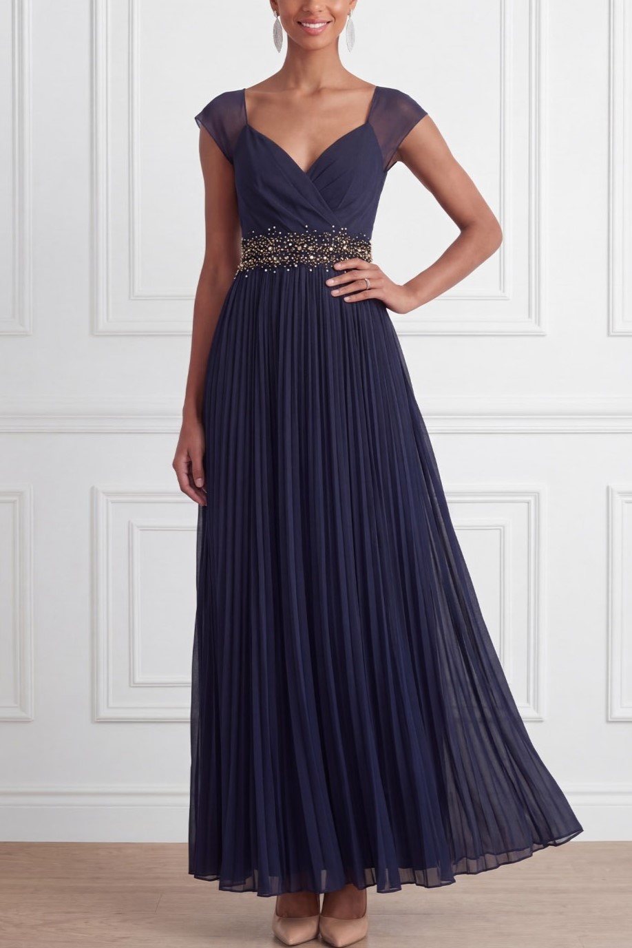 Navy Formal Evening Dress Cross Neck Pleated Chiffon Maxi Dress