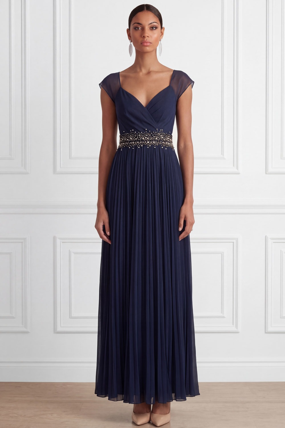 Navy Formal Evening Dress Cross Neck Pleated Chiffon Maxi Dress